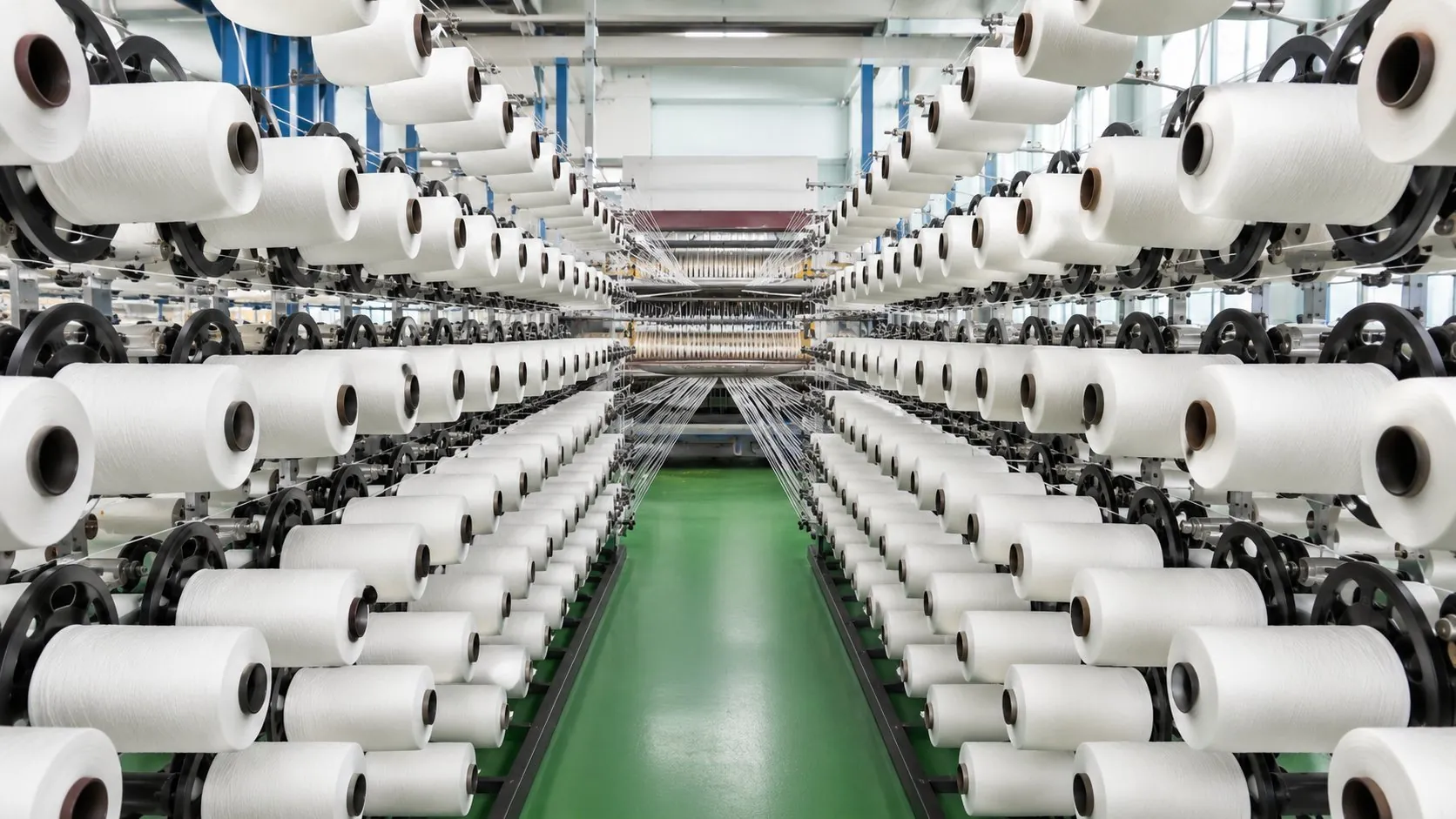 Spinning mill with white yarn bobbins