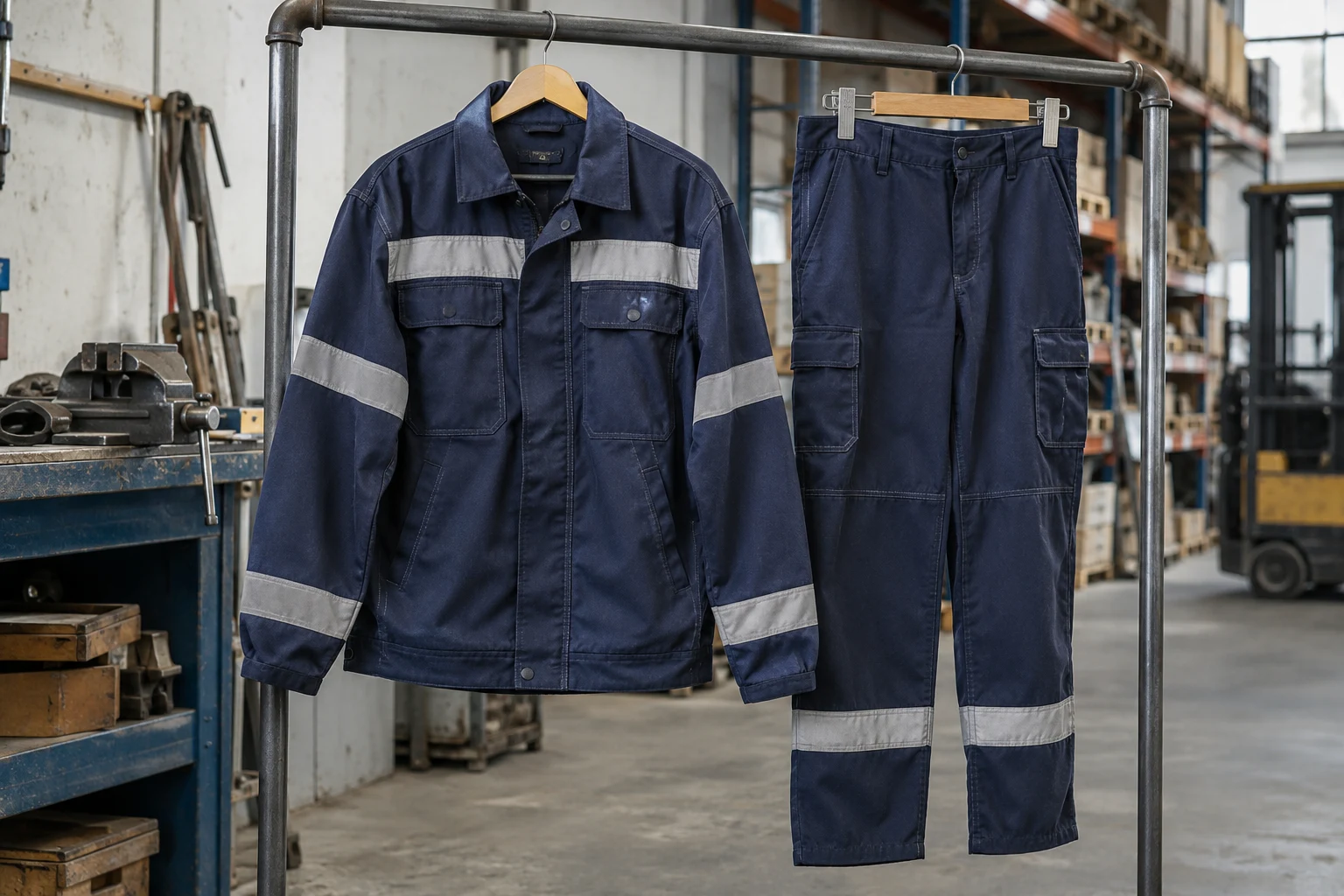 Navy industrial workwear with reflective details